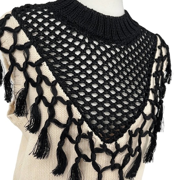 Yigal Azrouel Sweater Sleeveless Crochet Fringe Tassel Neck Cream Black Large - Picture 4 of 6